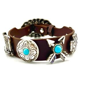 Brown Vegan Leather Bracelet with Western Concho Charms
